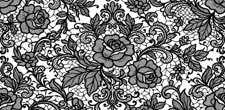 Elegant black lace floral vector pattern with roses and intricate damask details on white background