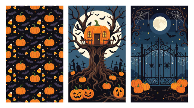 Set of three vertical halloween background designs featuring spooky pumpkins haunted houses and full moon scenes for seasonal holiday party invitations