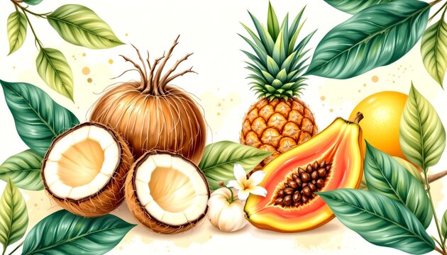 premium watercolor exotic fruit illustration featuring coconuts, pineapples, papayas and banana leaves, soft painterly brush strokes, subtle watercolor splashes, handcrafted cotton paper texture