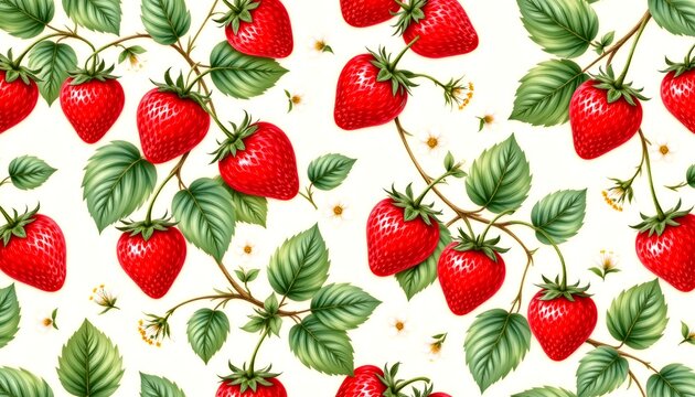 seamless luxury fruit pattern featuring ripe strawberries, strawberry blossoms, delicate green leaves and tiny white flowers, elegant botanical illustration, warm ivory background, soft blush red