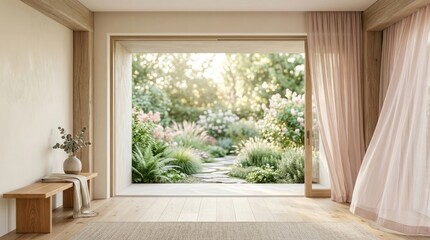 Fototapeta premium A serene room with soft pink curtains reflecting the spirit of breast cancer awareness month during beautiful october days