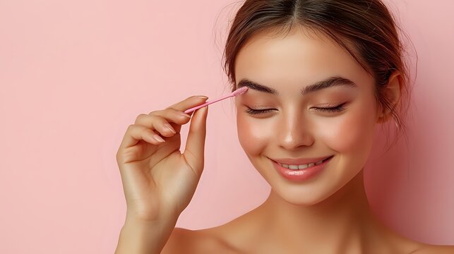 Young woman with East Asian ethnicity applying mascara with brush