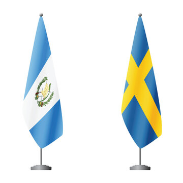 Guatemala and Sweden flags on flagpoles for official ceremonies and meetings, transparent background vector