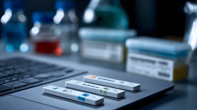 Three medical test strips rest on a laptop keyboard with blurred lab equipment in the background