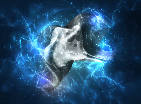 Moon, vector 3d flag thunderstorm with lightning and rain