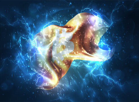 Bitcoin, vector 3d flag thunderstorm with lightning and rain