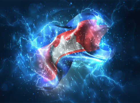 Cambodia, vector 3d flag thunderstorm with lightning and rain