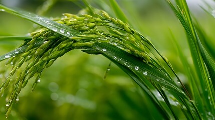 Naklejka premium Fresh green rice stalks with dew drops glistening on leaves in a lush field under soft natural light