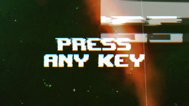 Press Any Key message with colorful RGB glitch, CRT scanlines, VHS distortion, and vintage digital noise.