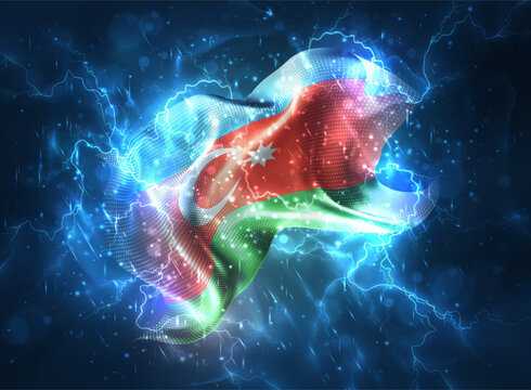 Azerbaijan, vector 3d flag thunderstorm with lightning and rain