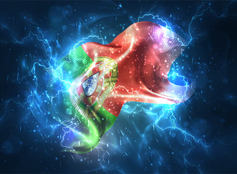 Portugal, vector 3d flag thunderstorm with lightning and rain