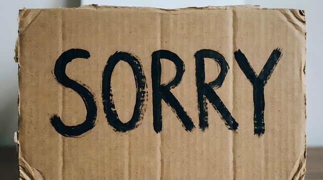 Cardboard sign with sorry text written in black marker, expressing