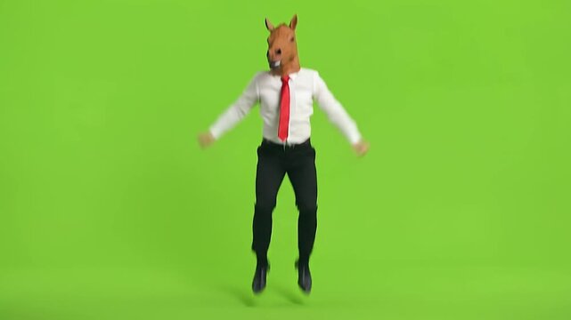 Funny Businessman in Horse Mask begins frantically jumping up and down.