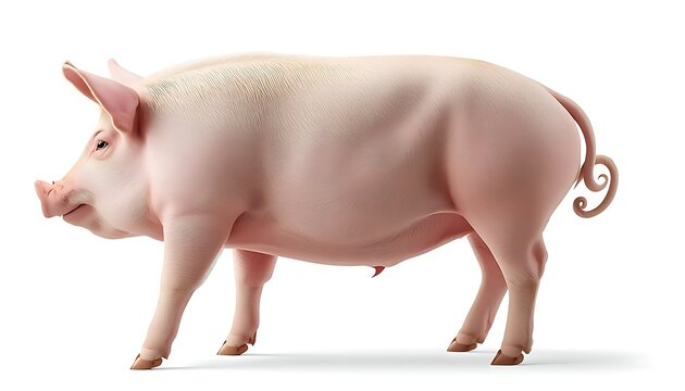 Realistic pig standing on white background, light pink body with subtle shading and fine hair texture, curled tail and visible hooves, head turned slightly showing snout ear and eye clearly