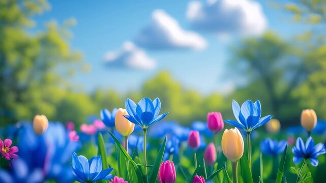Poster spring wallpaper copy space for text on blur bloom blossom tree blue flowers AI Generative