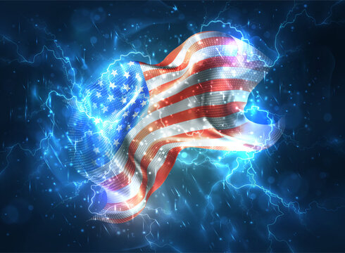 USA, America, vector 3d flag thunderstorm with lightning and rain