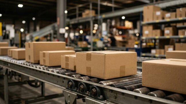 Cardboard Boxes Moving on a Warehouse Conveyor Belt System