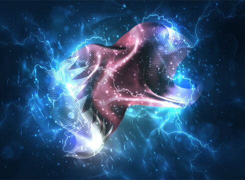 Qatar, vector 3d flag thunderstorm with lightning and rain
