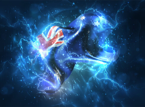 Australia, vector 3d flag thunderstorm with lightning and rain