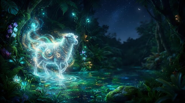 Glowing ethereal wolf spirit materializes in enchanted forest