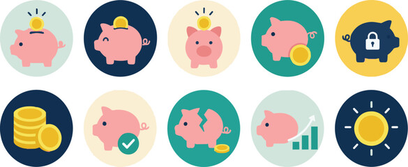 Obraz premium Piggy bank flat icons set with coins and growth charts