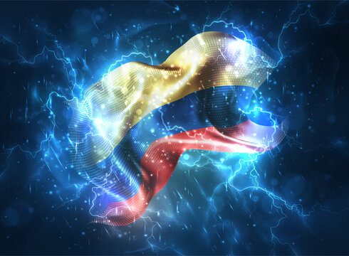 Colombia, vector 3d flag thunderstorm with lightning and rain