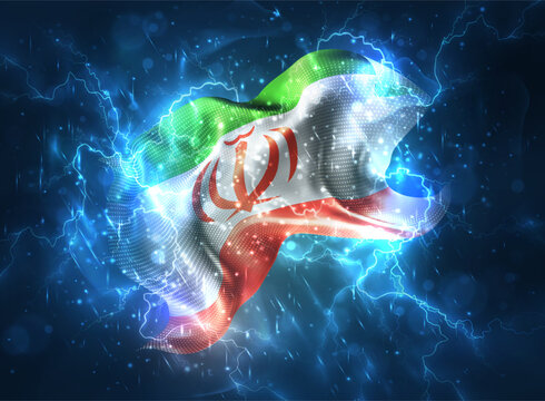 Iran, vector 3d flag thunderstorm with lightning and rain