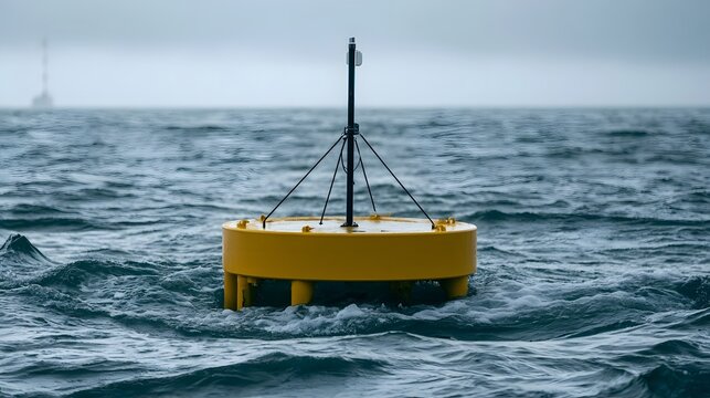 A yellow floating buoy with a vertical pole and cables  bobbing on choppy ocean waters under an overcast sky