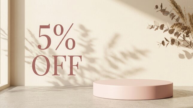 Minimalist product display stand with five percent off text for breast cancer awareness month october promotional marketing campaign