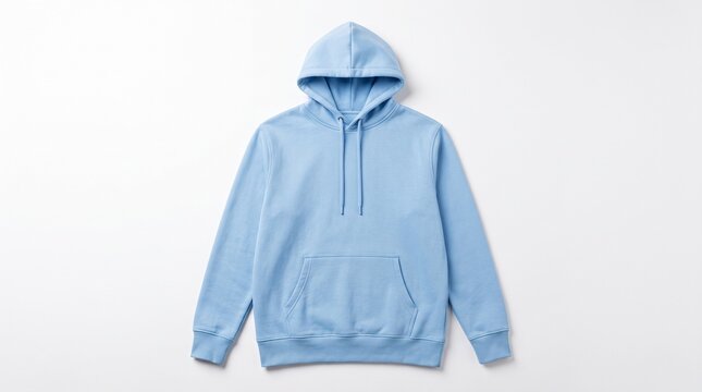 Light blue hoodie mockup, blank cotton sweatshirt with hood, casual pastel blue fleece pullover for apparel design branding