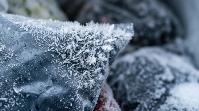 Close-up of frost crystals forming on frozen food items