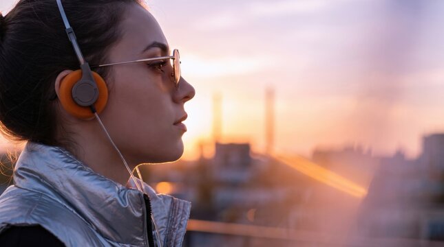 Woman gazing toward sunset wearing orange headphone and sunglass in city profile, warm evening light creating reflective urban commute mood