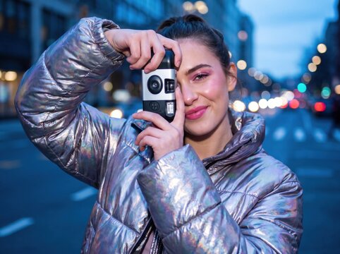 Woman pointing camera at viewer in reflective jacket on city street