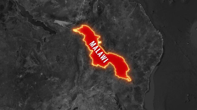 Animated map highlighting malawi with fiery red border motion footage