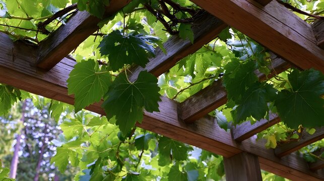 Vibrant green grapevine leaves cascade over a rustic wooden arbor  filtering sunlight in a tranquil garden setting