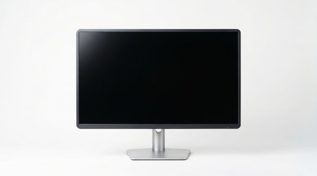 Modern black computer monitor on white background with screen saver copy space front view shut down perspective technology electronic interface