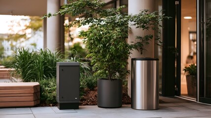Fototapeta premium Modern outdoor space with potted plants trash can and greywater recycling unit under architectural columns