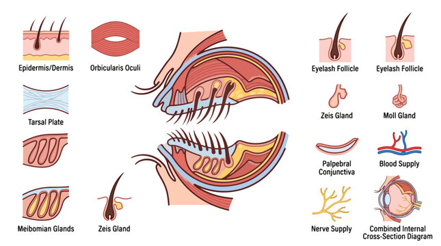 Eyelid anatomy vector diagram set, human eye cross section illustration, medical education infographics with glands and follicles