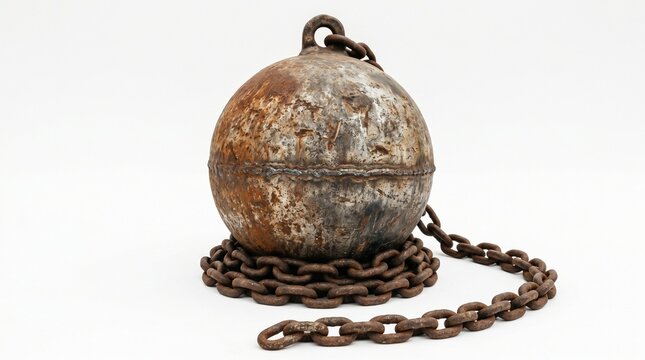 Rusty metal ball and chain isolated on white background with heavy rusty iron thick chain restriction industrial punishment constraint corrosion