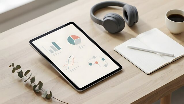 Modern edtech desk setup with tablet notebook stylus and headphones &ndash; Perfect for smart learning tools, modern study habits, or remote education apps.