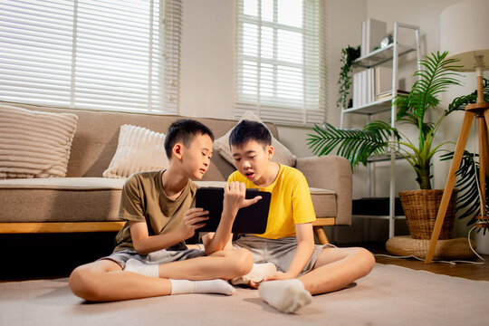 Two Brothers Using a Tablet Together at Home