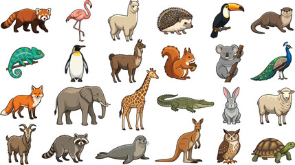 Naklejka premium Wild and Exotic Animals Illustration Collection Featuring Red Panda Flamingo Alpaca Giraffe Elephant Koala Toucan Kangaroo Owl and Zoo Wildlife Symbols Vector