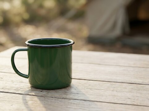 Black metal enamel cup on a rustic wooden table outside in a sunny garden with a blurred green background for morning coffee and outdoor lifestyle photography. enamel mug