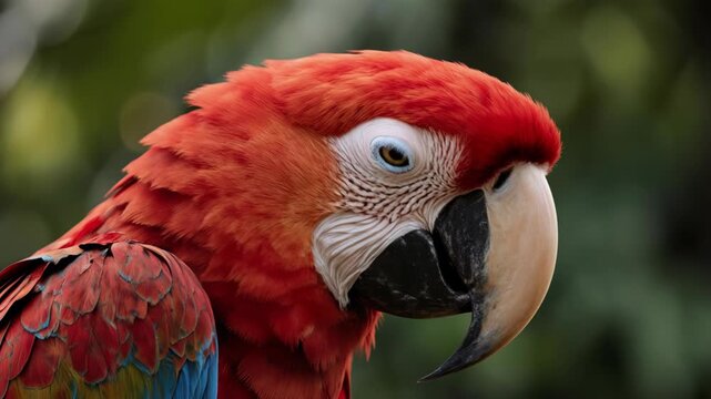 Scarlet macaw parrot profile, close up view of colorful tropical bird, detailed red feather texture, large sharp beak with expressive yellow eye, soft green jungle foliage background.