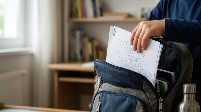 Child's hand placing papers into a school backpack in a study room