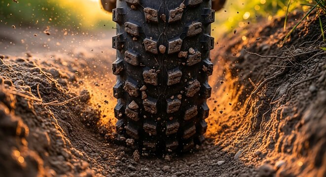 Close up of a rugged offroad tire gripping a dirt trail with motion blur