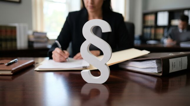 White paragraph symbol on lawyer desk with professional woman working in background.