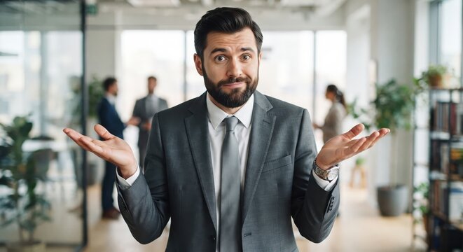 Confused businessman shrugging shoulders inside modern office