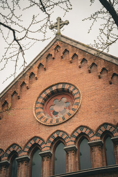 Rose window and cross atop Holy Trinity Cathedral gable, Shanghai