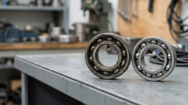 Close-up of worn and new industrial ball bearings on a metal workbench
